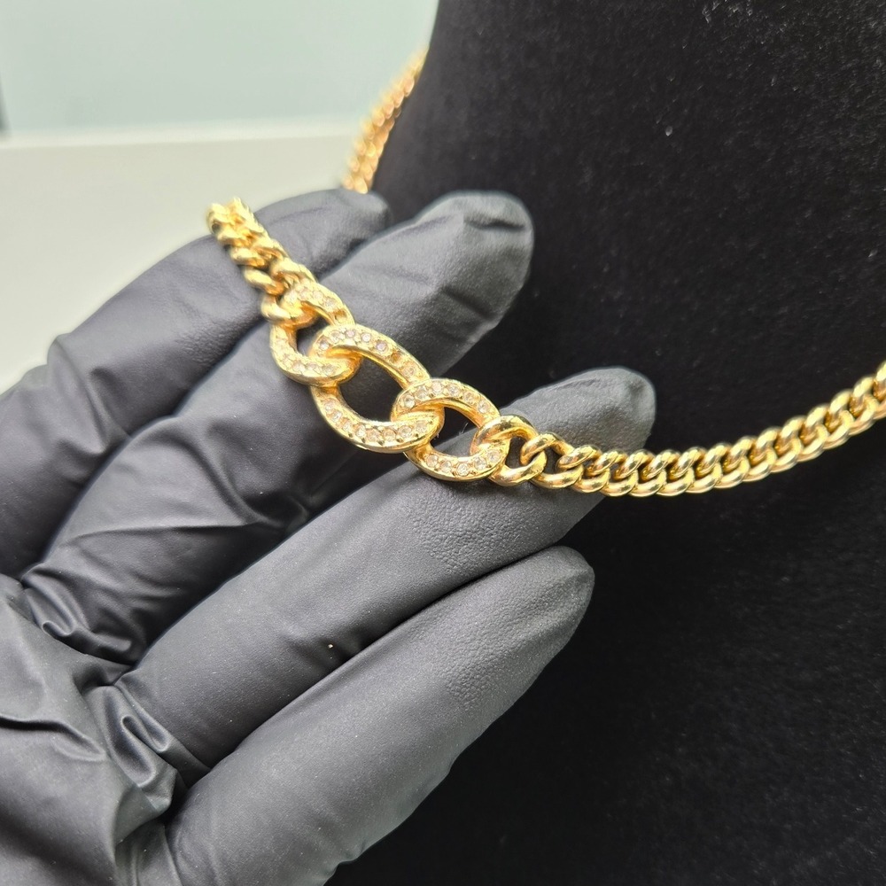 Christian Dior Gold Tone Chain Necklace Crystal Interlocking Oval Links - Picture 4 of 9